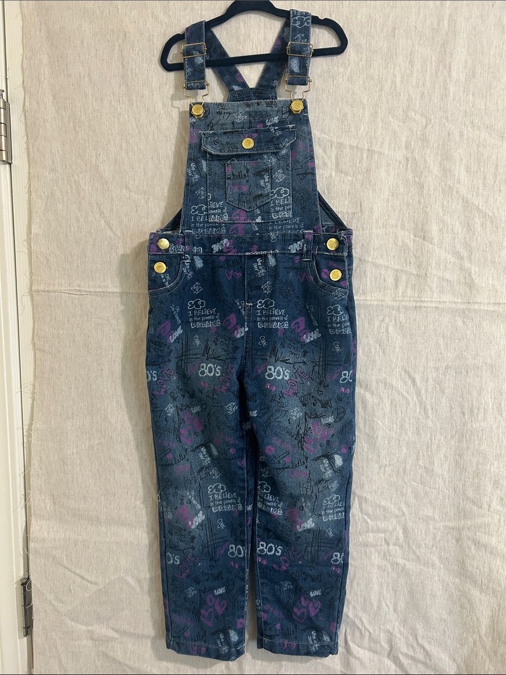 NYC Dark Blue Denim Overalls with Purple Print
